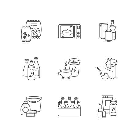 Grocery categories pixel perfect linear icons set. snacks in packets. ready meal. chili sauces. customizable thin line contour symbols. isolated vector outline illustrations. editable stroke Фото со стока