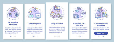 Smart spender tips onboarding mobile app page screen with concepts. calm budget calculations walkthrough 5 steps graphic instructions. ui vector template with rgb color illustrations Vector Illustration