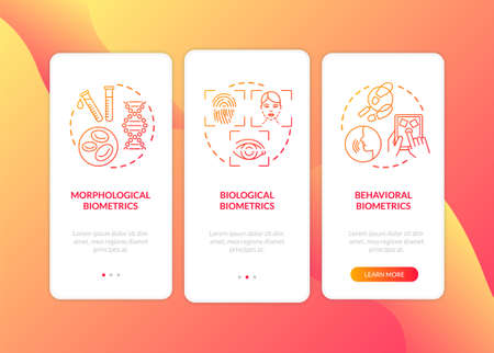 Biometrics types onboarding mobile app page screen with concepts ways to recognize person walkthrough 3 steps graphic instructions ui vector template with rgb color illustrations Stock Photo