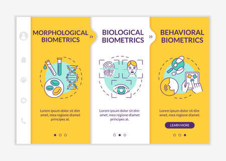 Biometrics types onboarding vector template person behavior types ways of identification responsive mobile website with icons