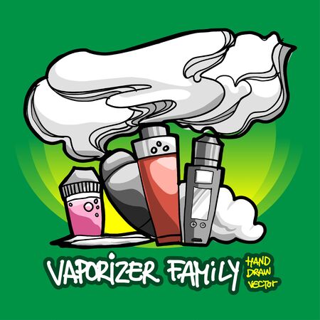 Vaporizer electric cigarette lines art drawing in tattoo style with custom text design. editable vector by layers. Stock Photo