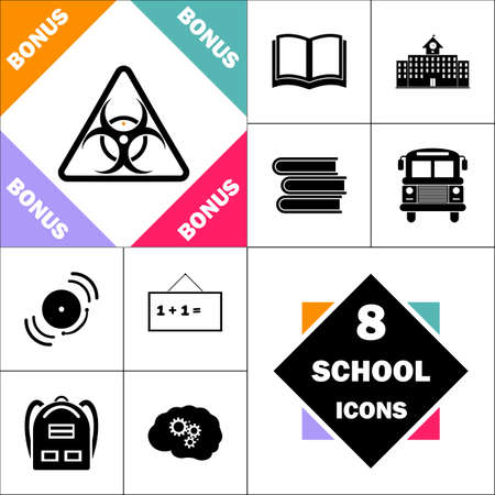 警告記号アイコンと設定完璧に戻る学校ピクトグラム 教科書 学校建築 学校のバス 教科書 ベル 黒板 学生バックパック 脳を学ぶなどのアイコンが含まれていますのイラスト素材 ベクタ Image 84936019