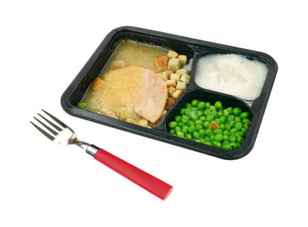 Eine Ungesunde Salidbury Steak Tv Dinner Mit Sosse Kartoffelpuree Und Einen Brownie Dessert In Einer Plastikschale Auf Weiss Isoliert Lizenzfreie Fotos Bilder Und Stock Fotografie Image 10896972