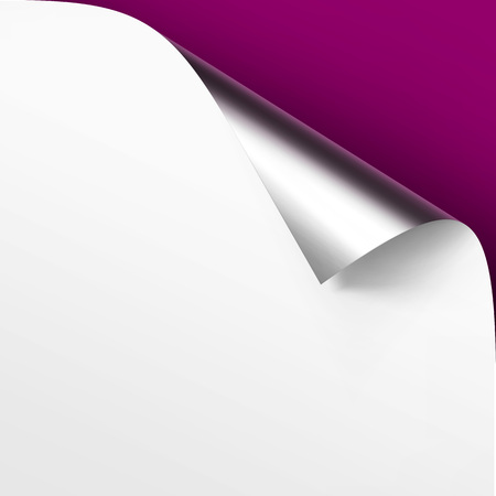 Vector curled metalic silver corner of white paper with shadow mock up close up isolated on violet background