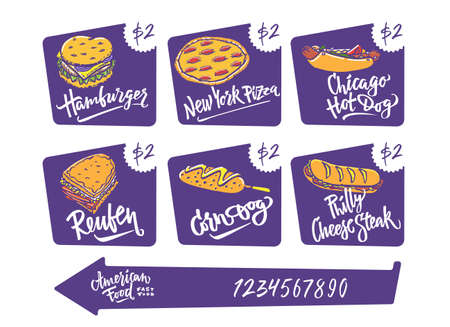 手描きイラスト人気のあるアメリカの食糧品種アメリカンドッグ シカゴのホットドッグ ハンバーガー フィラデルフィア チーズ ステーキ ルーベン サンドイッチ Mac とチーズ ニューヨークのピザです のイラスト素材 ベクタ Image 手描きイラスト人気のあるアメリカの食糧品種アメリカンドッグ シカゴのホットドッグ ハンバーガー フィラデルフィア チーズ ステーキ ルーベン サンドイッチ Mac とチーズ ニューヨークのピザです のイラスト素材 ベクタ Image