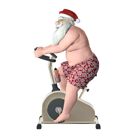 Santa fitness - stationary bike profile santa exercising on a stationary bike trainer profile view isolated