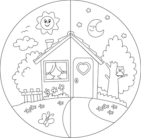 Nuit Et Jour De Vue Un Vecteur De Bande Dessinee Pays Coloriage Maison Pour Les Enfants Clip Art Libres De Droits Vecteurs Et Illustration Image 13444228
