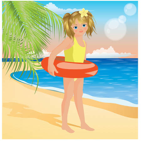 Baby girl at the beach, vector illustration Stock Photo