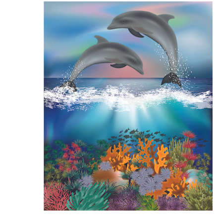 イルカと熱帯魚と水中壁紙 ベクトルイラスト のイラスト素材 ベクタ Image