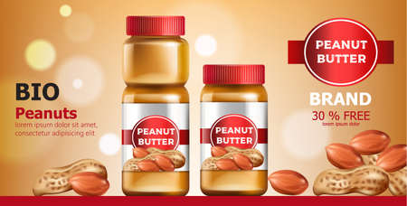 Composition of three jars with peanut butter. Place for text. Bio. On Sale. Realistic. 3D Mockup Vector Illustration