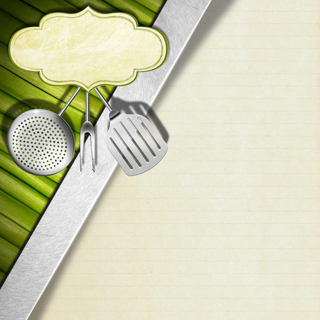 background with green vegetables kitchen utensils and empty stock