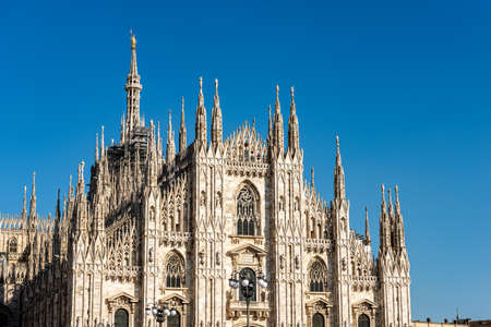 Facade of the duomo di milano (milan cathedral 1418-1577). church, monument symbol of lombardy, italy, europe