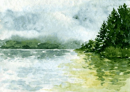 かわいい！ 川とトウヒの森、雨の雲と水の反射ベクトル水彩風景を抽象化 絵画