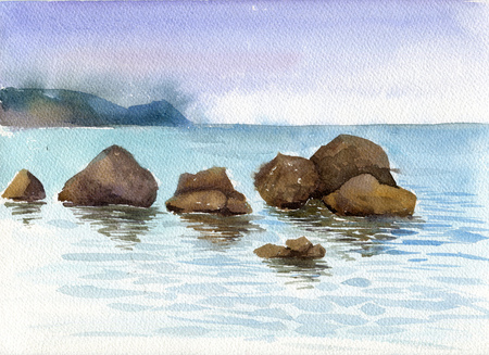 夜、水彩で描く風景穏やかな水の反射と海の海岸で岩手絵画イラストの