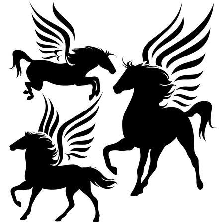 一連の美しい馬 青と白のペガサスの翼 のイラスト素材 ベクタ Image