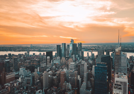 Sunset skyline manhattan panorama views new york Stock Photo