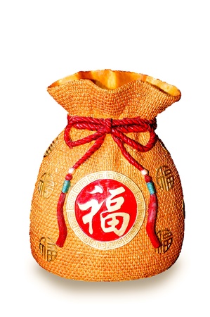 Bag of gold coins: Các điêu khắc của túi tiền phong cách Trung Quốc bị cô lập trên nền trắng