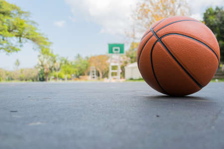 Basketball on basketball field on front view with copy space Stock Photo