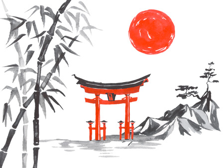 日本の伝統的な水墨画。水彩と水墨画のスタイルsumi-e、u-sin