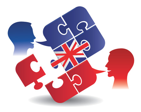 Two students and Puzzle bubble talk with a British flag symbolizing English conversation Vector illustration Illustration