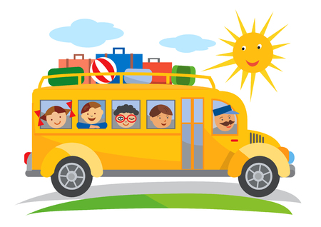 School bus school trip cartoon. Cartoon of yellow School bus traveling on a school trip. Vector available