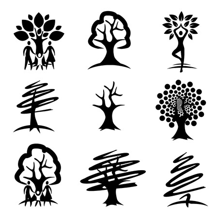 People and trees black icons. Nine black symbols of trees and people with trees.