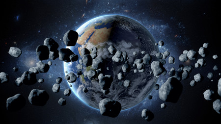 ３次元宇宙空間 地球に小惑星、隕石を飛行。宇宙空間。ハルマゲドン 3 D