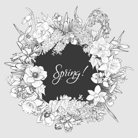 花のベクトル手描き桜草 黒と白の花輪 サークルの装飾 花とハーブのリース イラスト 春の要素 フリージア スノー ドロップ ライラック アネモネ 水仙 のイラスト素材 ベクタ Image 花のベクトル手描き桜草 黒と白の花輪 サークルの装飾 花とハーブのリース イラスト 春の要素 フリージア スノー ドロップ ライラック アネモネ 水仙 のイラスト素材 ベクタ Image