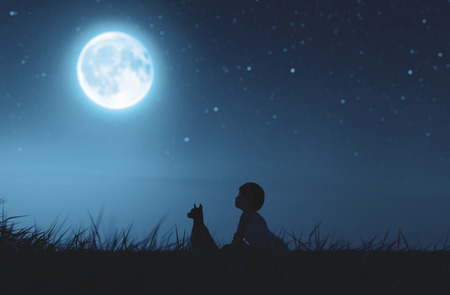 Girl with her dog sitting on grass field looking to the moon,3d rendering - 120695466