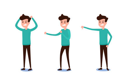 若いビジネスマンのキャラクターデザイン スマートフォンを使用してスーツを着て行動し 電話で話し 様々なポーズで自分撮りを幸せな感情的なポーズ で作る男のセット 異なる感情とポーズ 漫画ベクトルイラスト のイラスト素材 ベクタ Image