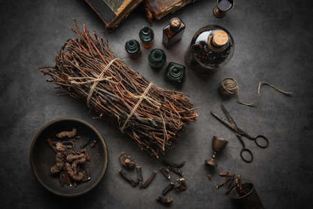 Bottles of infusion or tincture of persicaria bistorta, swamp cinquefoil and common comfrey roots. bowl of bistort and symphytum officinale roots. bunch of comarum palustre - purple marshlocks roots. top view. herbal medicine.
