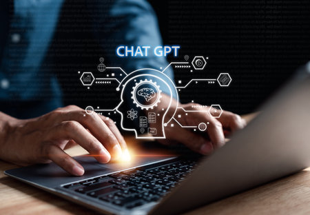 Chat GPT-Chat mit künstlicher Intelligenz. geschäftsmann, der chatbot in computer intelligenter intelligenz ai verwendet, künstliche intelligenz entwickelt von openai. futuristische technologie, roboter im online-system.