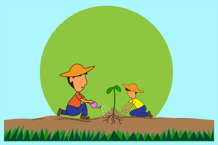 Daddy and son is sitting a tree planting fertilizer and empty space for text. Background development for learning concepts. Flat cartoon and section view.