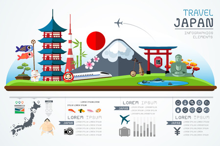 Sunset landscape vector: Thông tin du lịch đồ họa và mốc japan mẫu thiết kế. Concept Vector Illustration