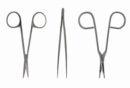 medical scissors and tweezers isolated on white background stock