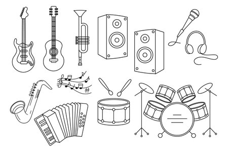 Instruments de musique de concert, ensemble. guitares, batterie, saxophone, trompette, microphone, accordéon et haut-parleurs, dessin au trait. croquis, icônes, vecteur Banque d'images