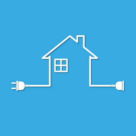 ワイヤのプラグとソケットのベクトル図の家のシルエット 家 ソケット ワイヤー状のシンプルなアイコンは 青の背景に差し込みます のイラスト素材 ベクタ Image