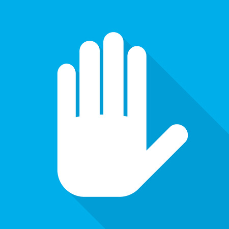 人間の手のサインのヤシ 青い背景上の長い影と手のアイコンの白い手のひら ベクトルの図 のイラスト素材 ベクタ Image