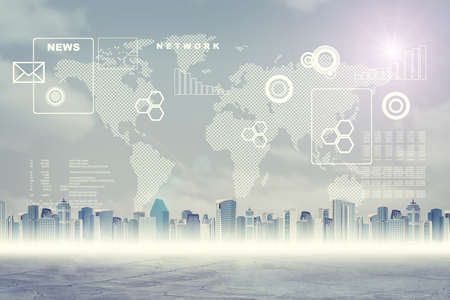 Abstract Virtual Background With Cityscape World Map And Graphical Charts Abstract Virtual Background With Cityscape World Map And Graphical Charts