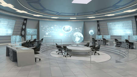 interior of office. futuristic interior view of office with holographic screen, technology concept. 3d rendering stock photo