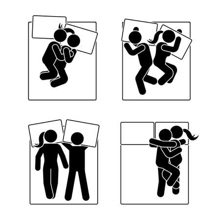スティック図異なる睡眠の位置を設定します 別の夢を見てカップルのベクトル イラスト ポーズ白アイコン シンボル記号絵文字 のイラスト素材 ベクタ Image