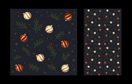 Traditional new year pattern with balls and green firs. decoration for christmas card and packaging paper. seamless texture.