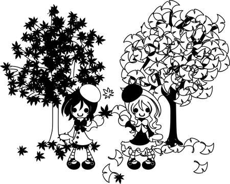 もみじとイチョウの木の 2 歳の女の子のツリーのイラスト素材 ベクタ Image