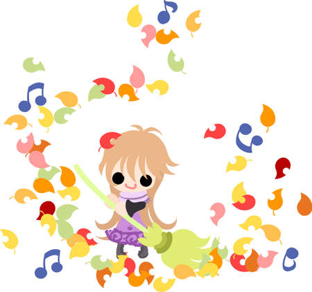 秋と落ちた葉の女の子クリーニングのかわいいイラスト のイラスト素材 ベクタ Image