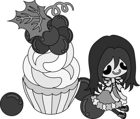 小さな女の子とブドウのカップケーキのかわいいイラストのイラスト素材 ベクタ Image