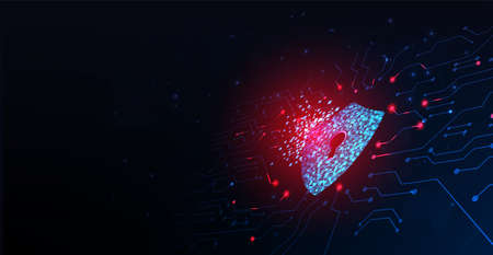Concetto di attacco informatico.sicurezza informatica distrutta.scudo distrutto sulla rete di circuiti elettrici blu scuro.concetto di perdita di informazioni.illustrazione vettoriale.