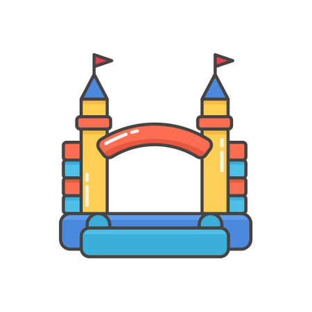Bouncy inflatable castle. tower and equipment for child playground. vector line illustration isolated on white background.