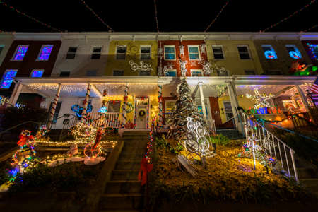 holiday christmas lights on building in hampden baltimore maryland at night stock photo - Hampden Christmas Lights holiday christmas lights on building in hampden baltimore maryland at night stock photo - Hampden Christmas Lights