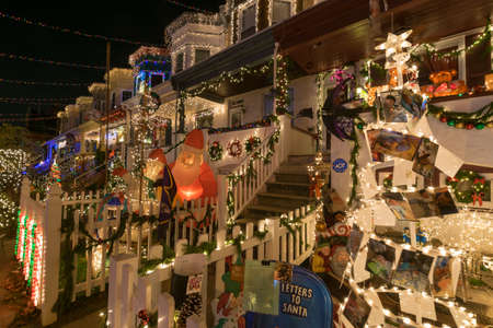 holiday christmas lights on building in hampden baltimore maryland at night stock photo - Hampden Christmas Lights holiday christmas lights on building in hampden baltimore maryland at night stock photo - Hampden Christmas Lights
