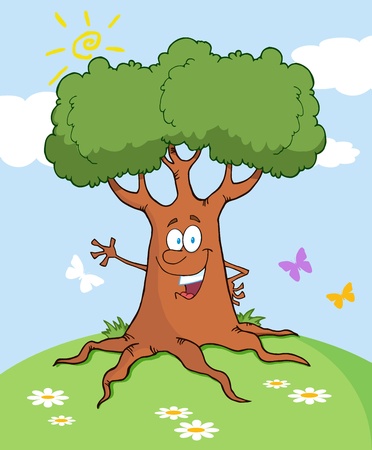 Happy Cartoon Tree Waving A Greeting Landscape
